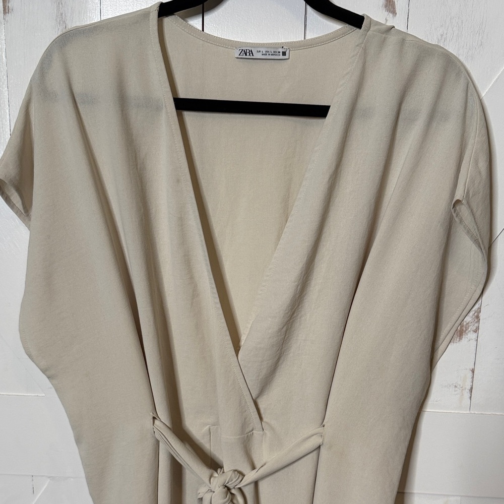 Zara Cream V Neck Tie Waist Midi Dress - Picture 5 of 10